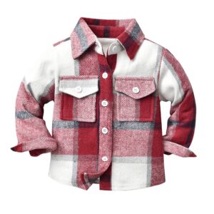 little kids boys girls flannel plaid shirt jacket long sleeve lapel button down pocketed shirts regular fit casual fall coat, white red, 12-18 months