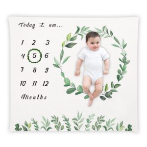 Organic Baby Monthly Milestone Blanket for Boys and Girls Muslin Cotton Baby Month Blanket with Leaf Wreath Frame Newborn Milestone Mat for Growth Photography, Swaddle (Green Leave)