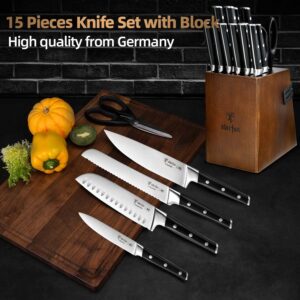 Knife Set with Block, ODERFUN 15 Pcs 50CR15MOV German Steel Kitchen Knife Set, Ultra Sharp Knives Set for Kitchen with Knife Sharpener, Ergonomic Handle Full Tang Forged with NSF Certified