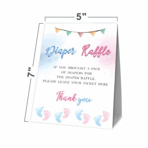 JCVUK Baby Shower Games, 1 Diaper Raffle Standing Sign with 50 Diaper Raffle Tickets, Blue and Pink Baby Footprints Theme Gender Reveal Party Decorations and Supplies For Boys or Girls(LBLK-A04)