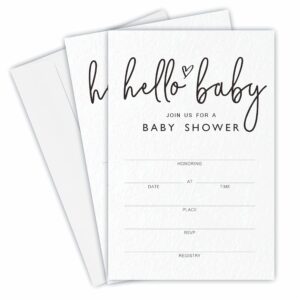 jcvuk baby shower invitations, hello baby gender reveal invitation cards with envelopes(25 pack), modern minimalist theme baby shower decorations and supplies for boys or girls(yqk-a09)