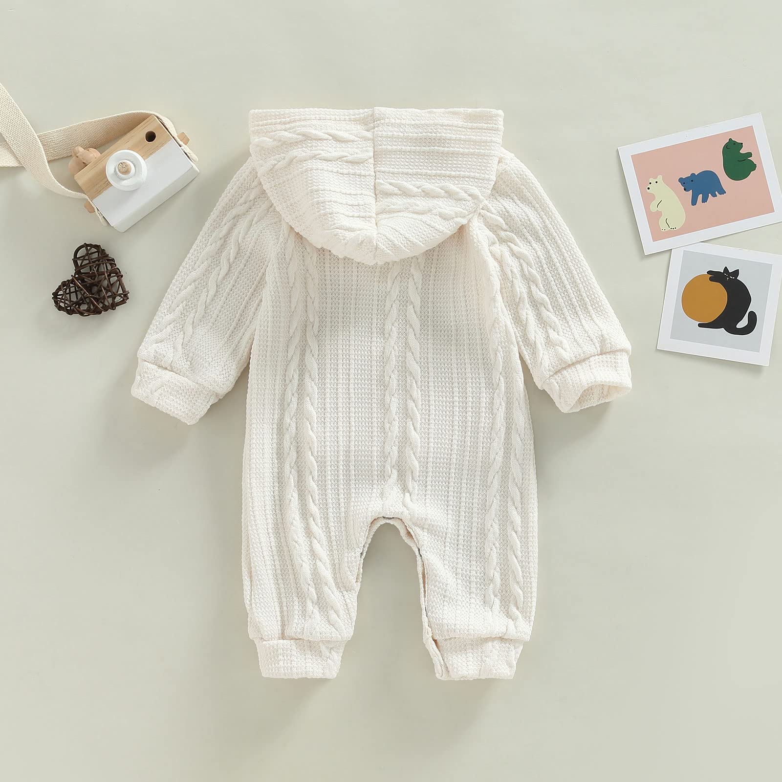 Infant Boys Girls Knit Sweater Romper Baby Toddlers Long Sleeve Hooded Button Up Winter Outfits with Pocket (White, 0-3 Months)