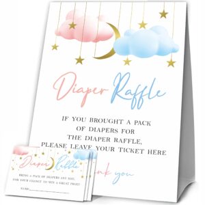 JCVUK Baby Shower Games, 1 Diaper Raffle Standing Sign with 50 Diaper Raffle Tickets, Twinkle Twinkle Little Star, Gold Moon and Stars Theme Gender Reveal Party Decorations and Supplies(LBLK-A05)