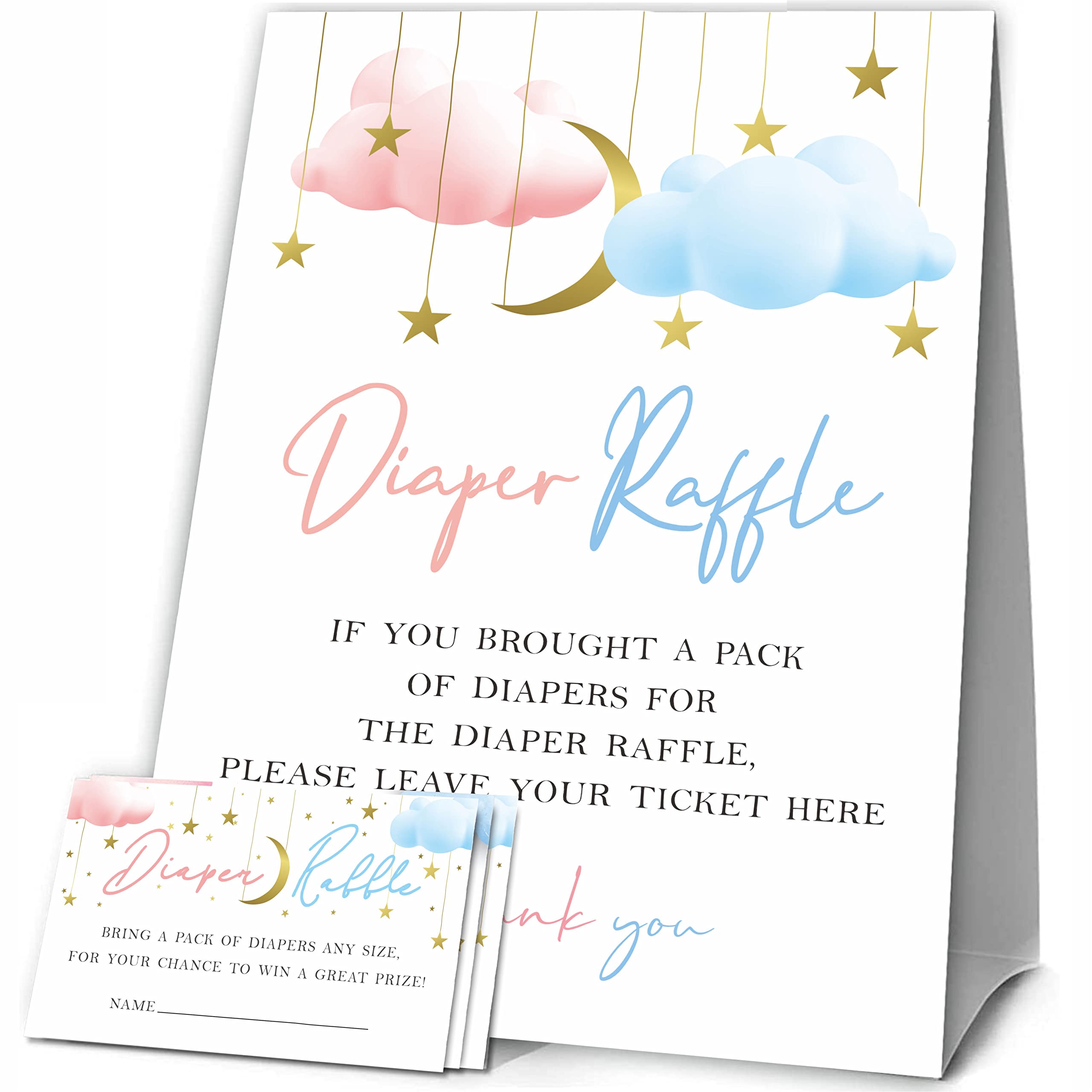 JCVUK Baby Shower Games, 1 Diaper Raffle Standing Sign with 50 Diaper Raffle Tickets, Twinkle Twinkle Little Star, Gold Moon and Stars Theme Gender Reveal Party Decorations and Supplies(LBLK-A05)