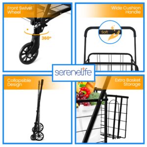 SereneLife Folding Grocery Utility Shopping Supermarket Cart with 360 Rolling Swivel Wheels, Double Basket, Large Capacity 110 lbs, Portable, Collapsible Compact Folding, for Grocery Laundry, Luggage