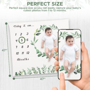 Organic Baby Monthly Milestone Blanket for Boys and Girls Muslin Cotton Baby Month Blanket with Leaf Wreath Frame Newborn Milestone Mat for Growth Photography, Swaddle (Green Leave)