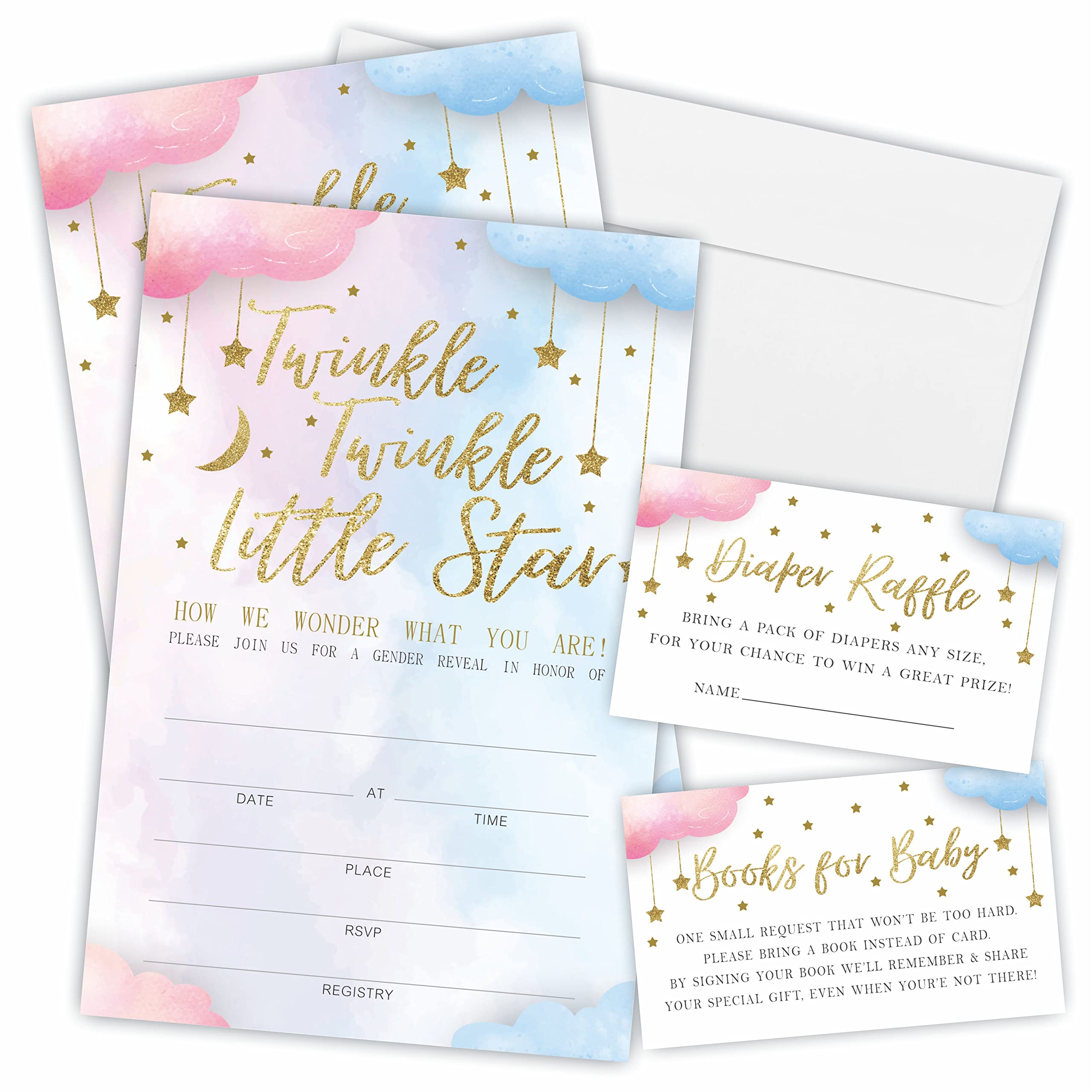 JCVUK Set of 25 Baby Shower Invitations with Envelopes, Diaper Raffle Tickets and Baby Shower Book Request Cards, Twinkle Twinkle Little Star, Gold Moon And Stars Theme Gender Reveal Party(YQKTZ-A06)