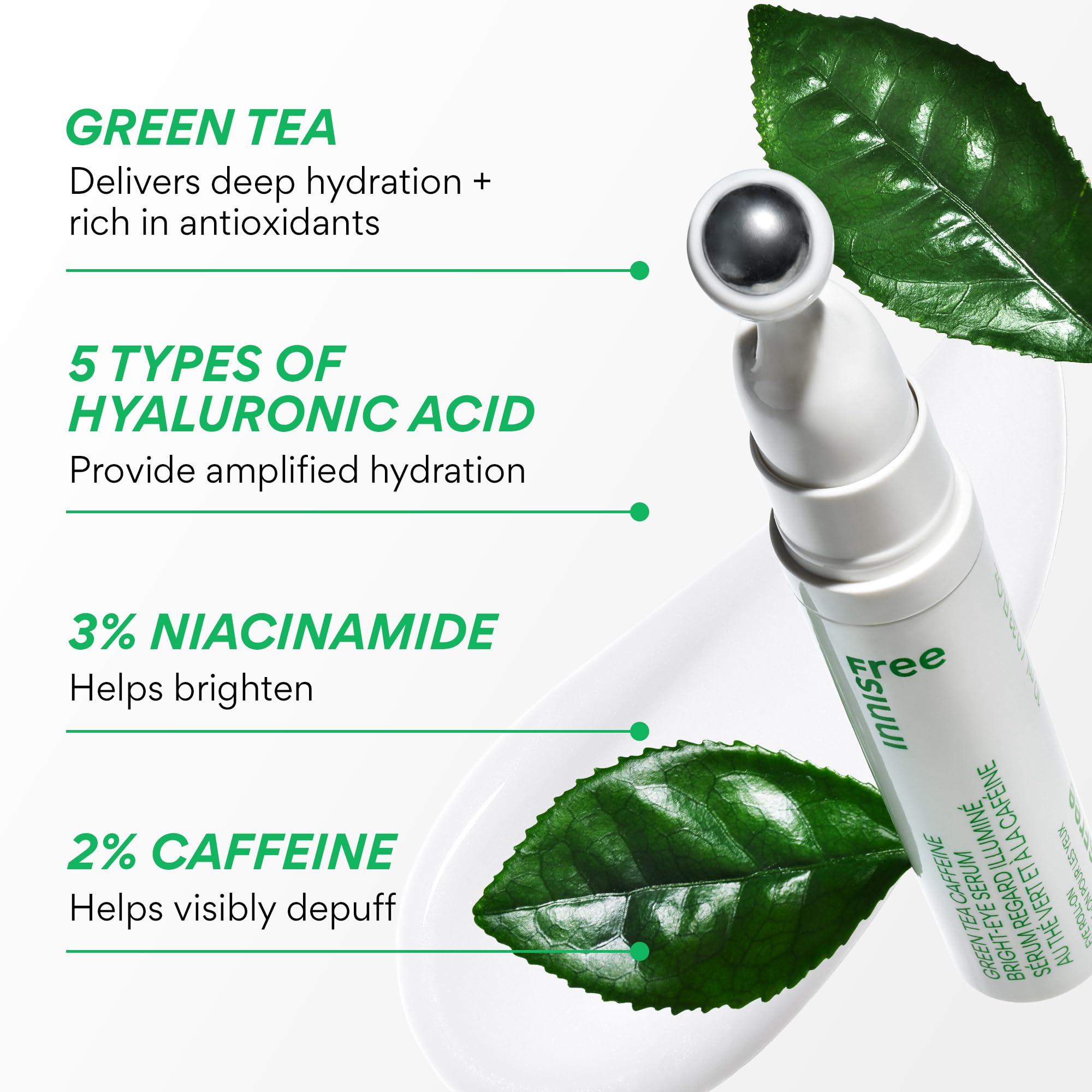 innisfree Green Tea Caffeine Bright-Eye Serum with Niacinamide, Cooling Korean Eye Roll On Serum, Hydrating Eye Cream (Packaging May Vary)