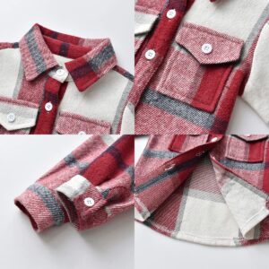 Little Kids Boys Girls Flannel Plaid Shirt Jacket Long Sleeve Lapel Button Down Pocketed Shirts Regular Fit Casual Fall Coat, White Red, 12-18 Months