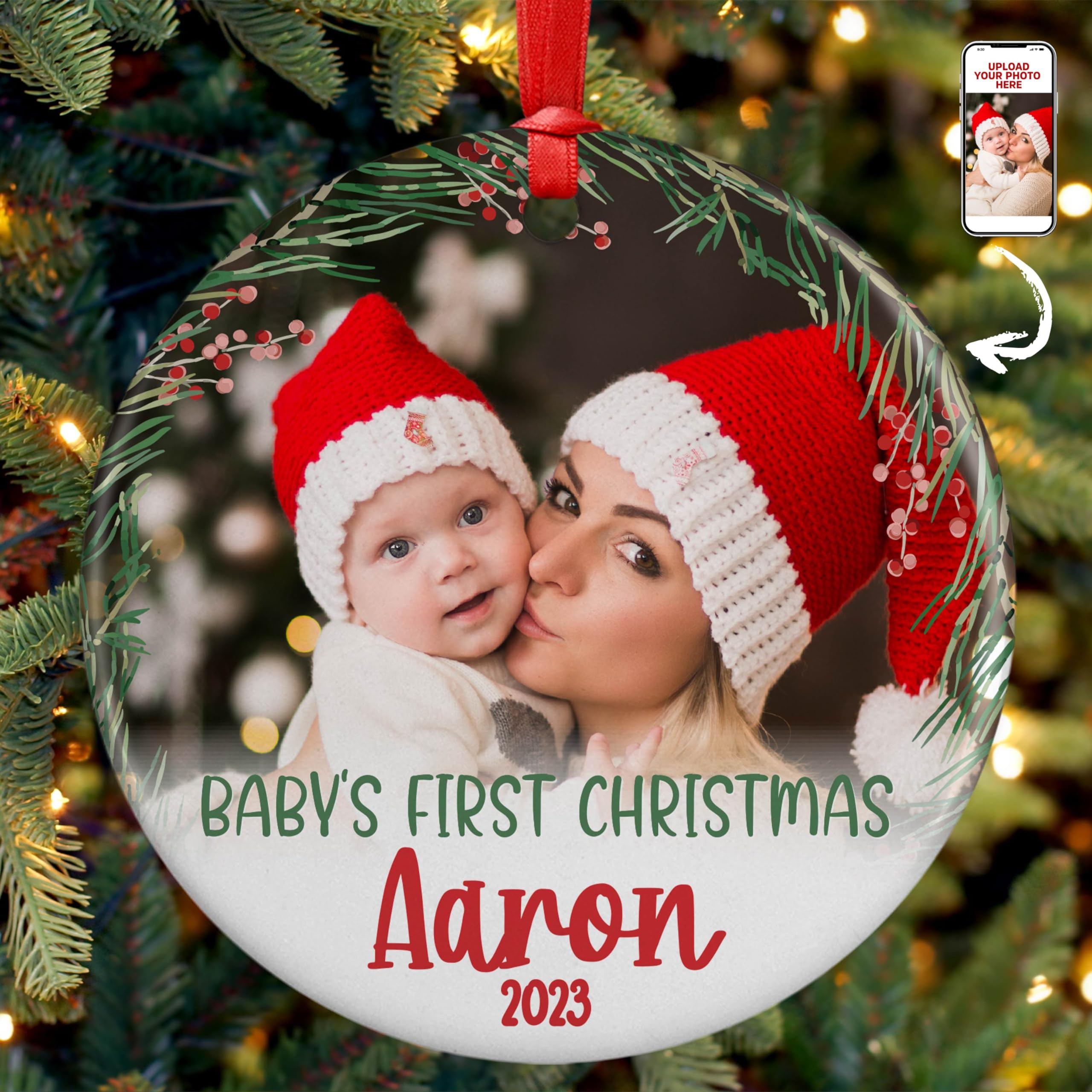 Custom Baby First Christmas Ornament 2023 with Babys Photo & Name - 10 Fonts - 3" First Christmas Ornament for Baby Boy, Girl - New Baby Gift - Babies 1st Christmas