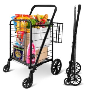 serenelife folding grocery utility shopping supermarket cart with 360 rolling swivel wheels, double basket, large capacity 110 lbs, portable, collapsible compact folding, for grocery laundry, luggage