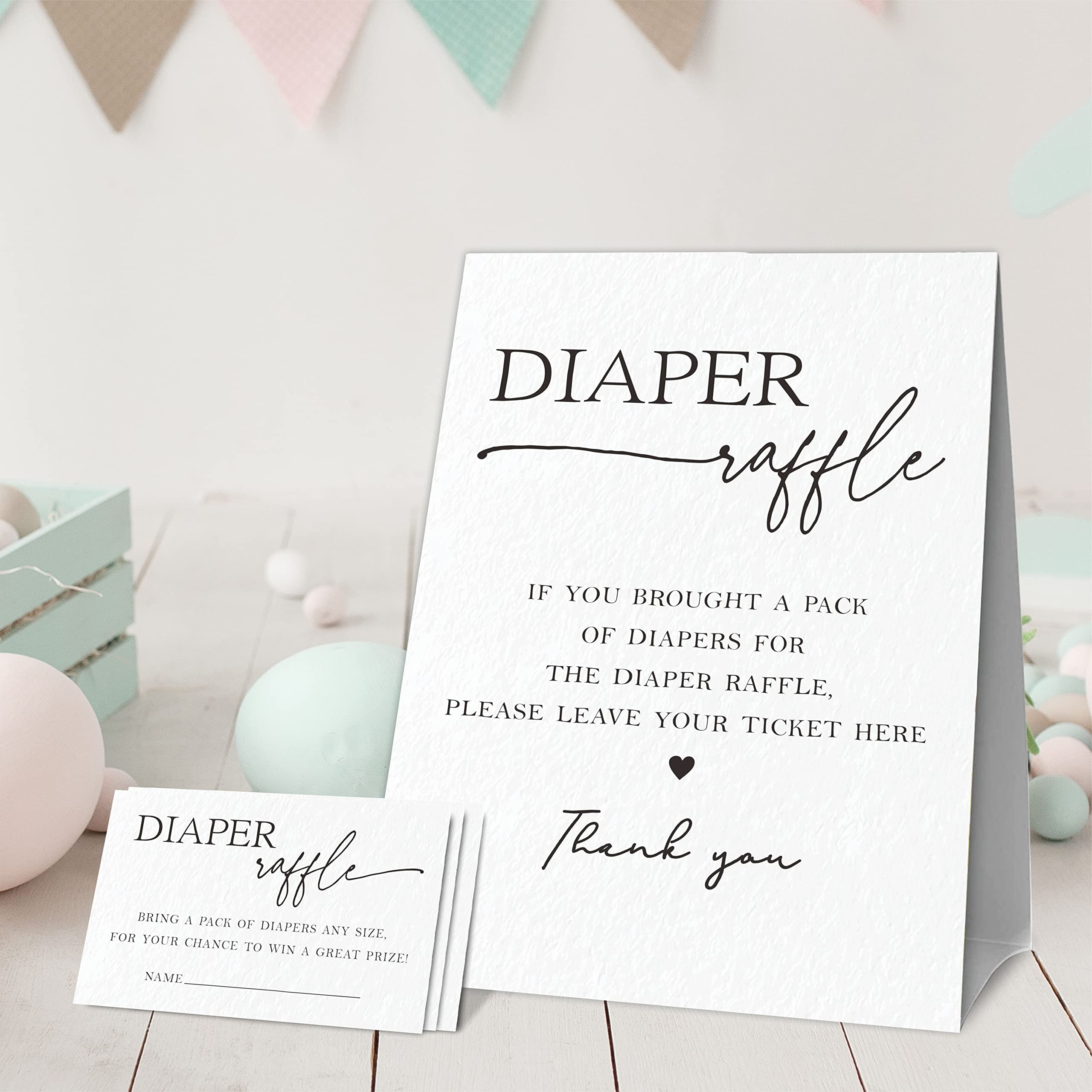 Baby Shower Games, 1 Diaper Raffle Standing Sign with 50 Diaper Raffle Tickets, Minimalist Hello Baby, Modern Black and White Theme Gender Reveal Party Decorations and Supplies(LBLK-A10)