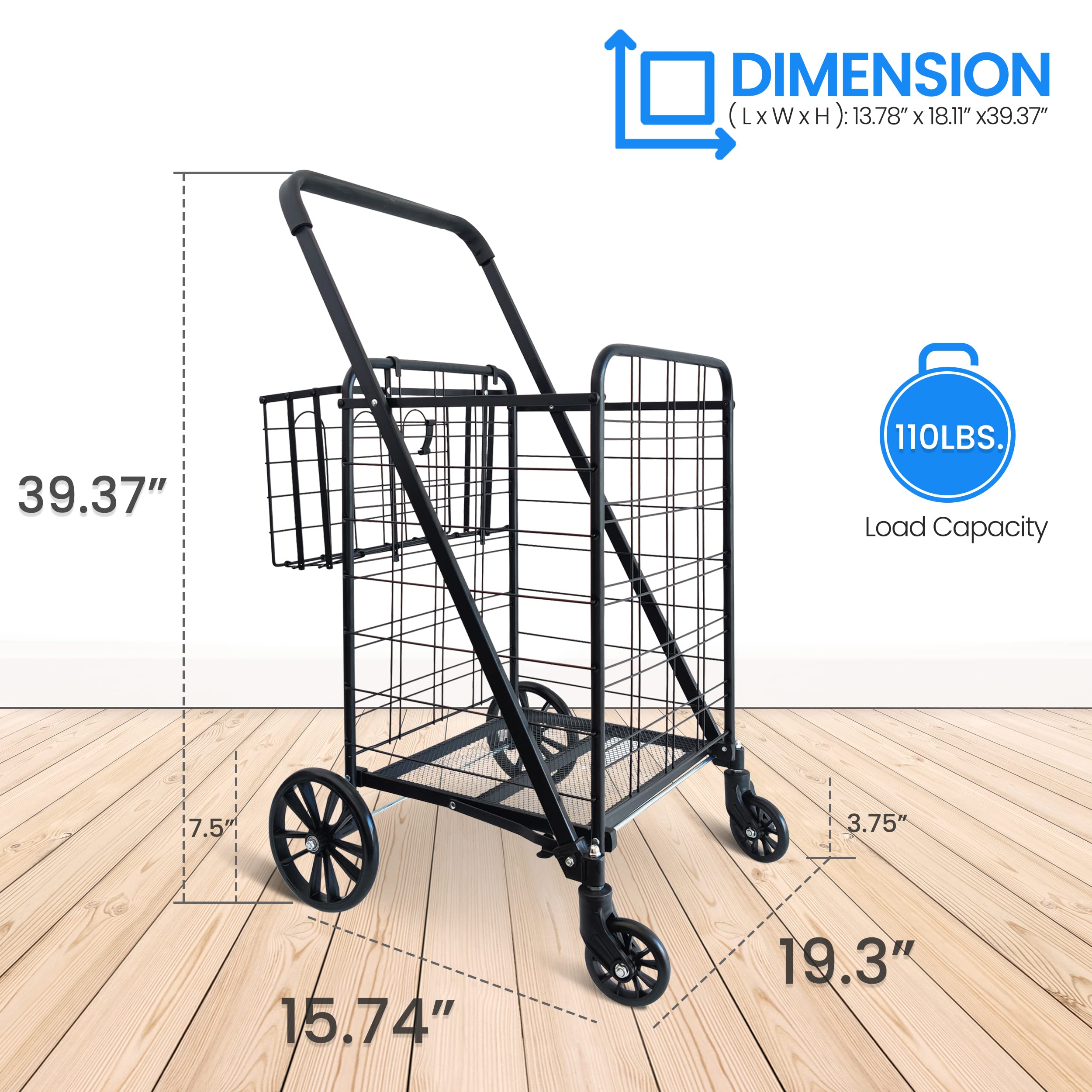 SereneLife Folding Grocery Utility Shopping Supermarket Cart with 360 Rolling Swivel Wheels, Double Basket, Large Capacity 110 lbs, Portable, Collapsible Compact Folding, for Grocery Laundry, Luggage