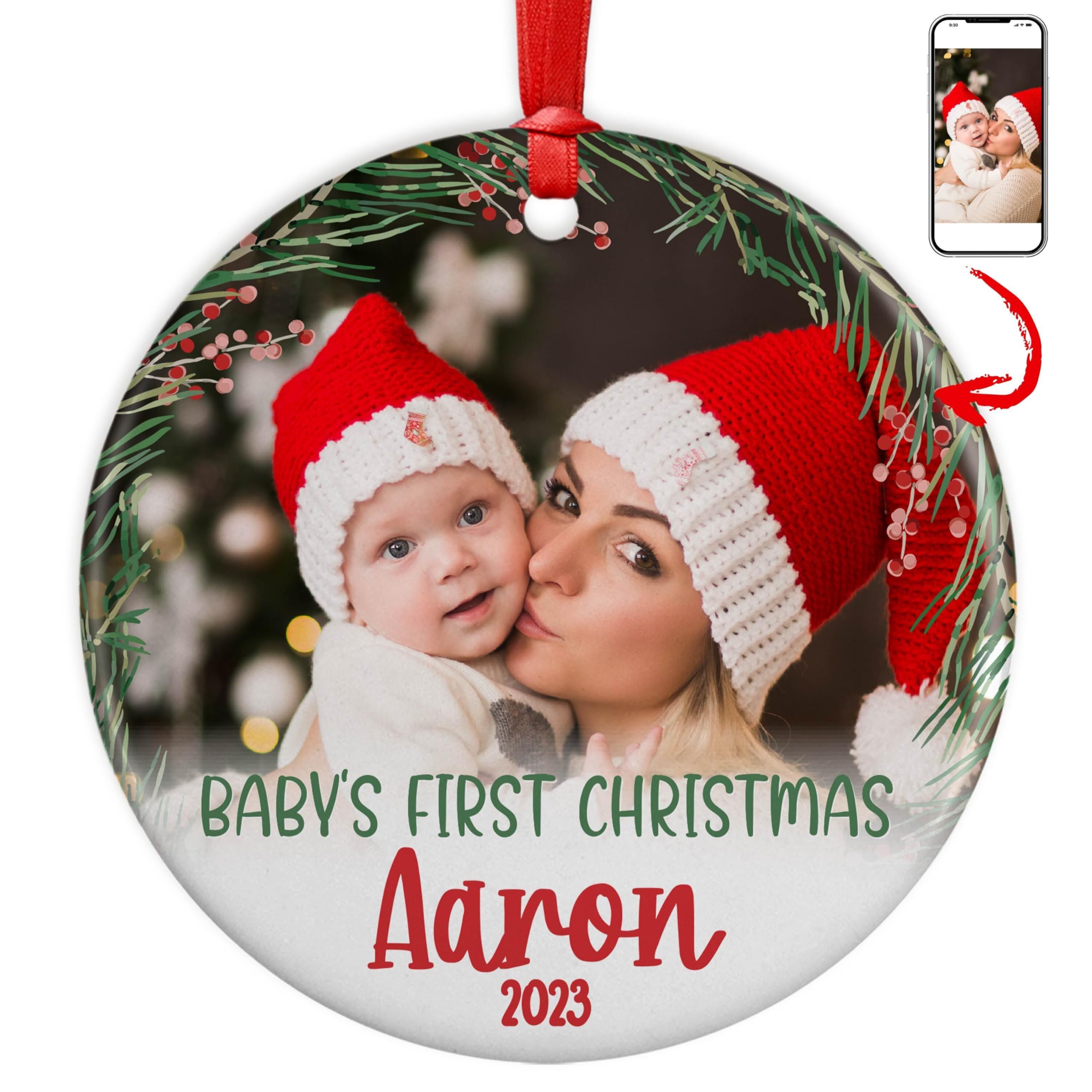 Custom Baby First Christmas Ornament 2023 with Babys Photo & Name - 10 Fonts - 3" First Christmas Ornament for Baby Boy, Girl - New Baby Gift - Babies 1st Christmas