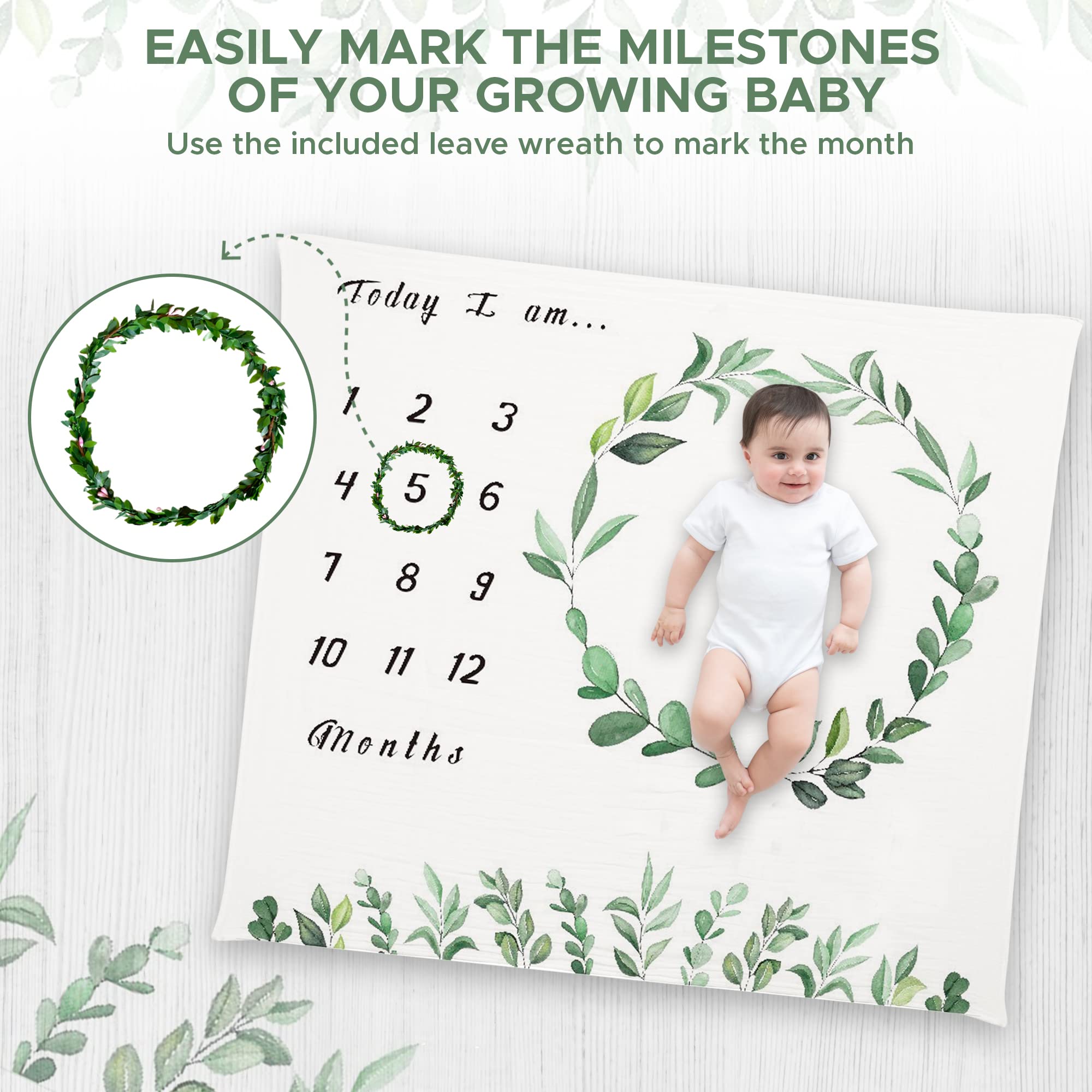 Organic Baby Monthly Milestone Blanket for Boys and Girls Muslin Cotton Baby Month Blanket with Leaf Wreath Frame Newborn Milestone Mat for Growth Photography, Swaddle (Green Leave)