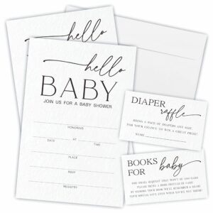 set of 25 baby shower invitations with envelopes, diaper raffle tickets and baby shower book request cards, minimalist hello baby, modern black and white theme theme gender reveal party(yqktz-a10)