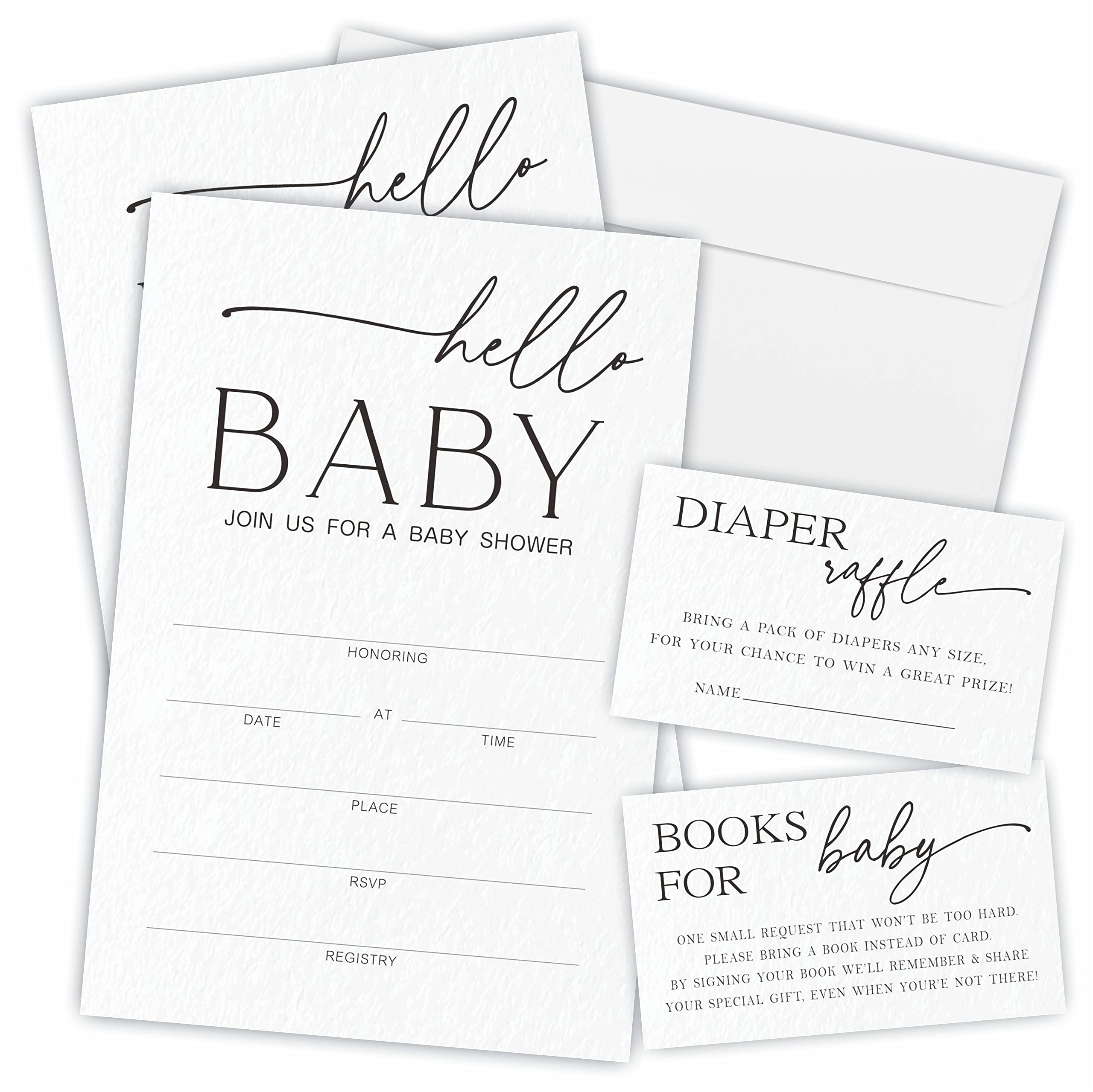 Set of 25 Baby Shower Invitations with Envelopes, Diaper Raffle Tickets and Baby Shower Book Request Cards, Minimalist Hello Baby, Modern Black and White Theme Theme Gender Reveal Party(YQKTZ-A10)