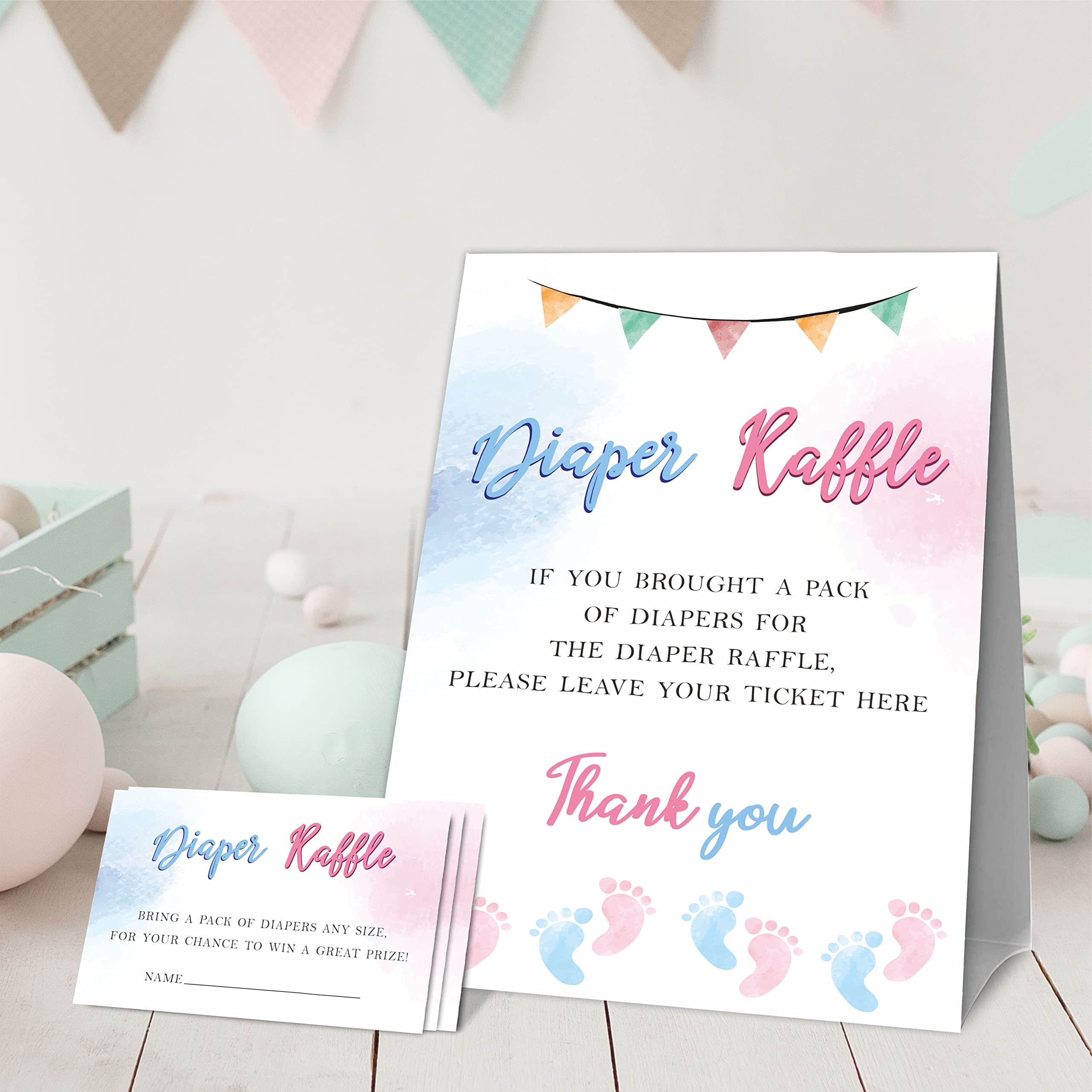 JCVUK Baby Shower Games, 1 Diaper Raffle Standing Sign with 50 Diaper Raffle Tickets, Blue and Pink Baby Footprints Theme Gender Reveal Party Decorations and Supplies For Boys or Girls(LBLK-A04)