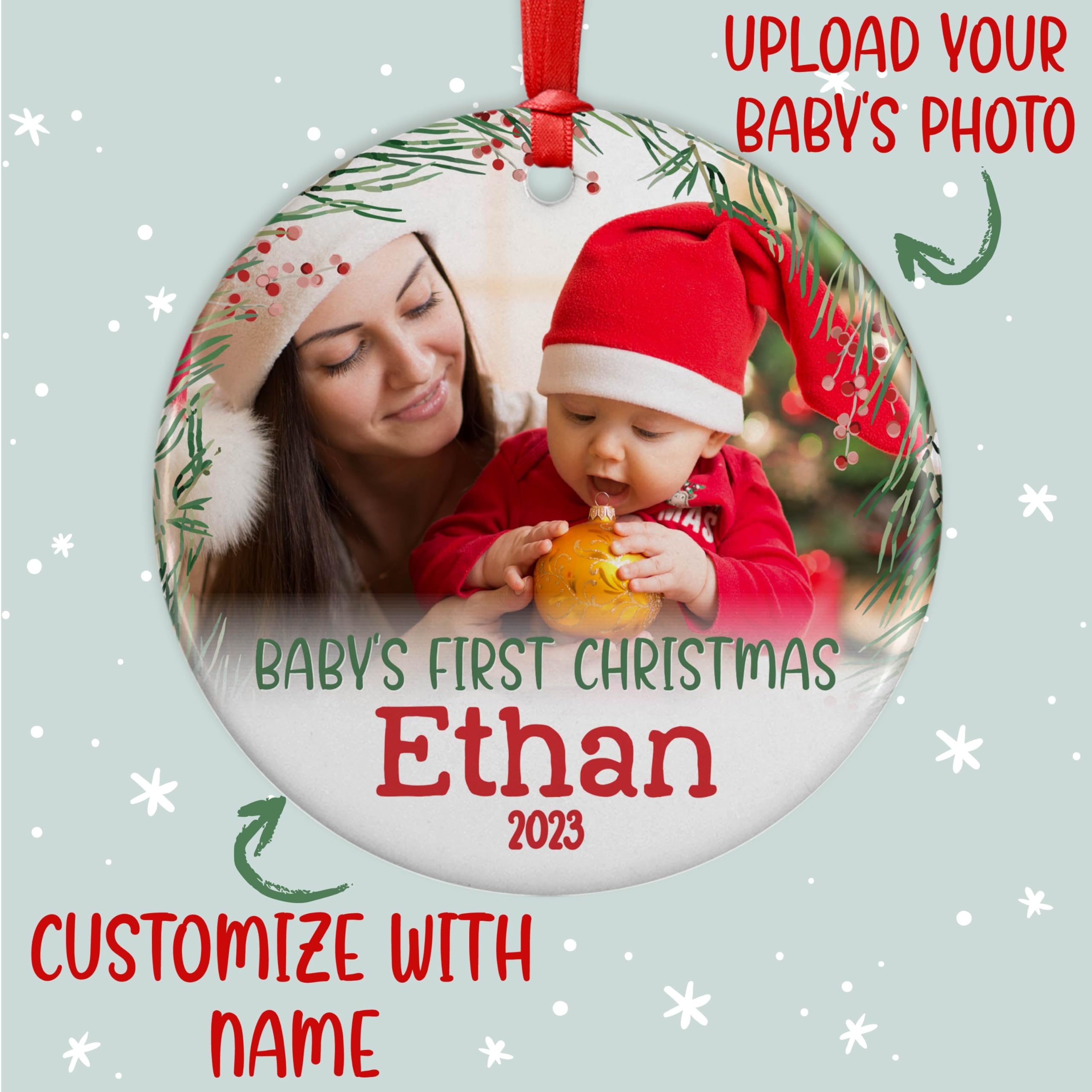 Custom Baby First Christmas Ornament 2023 with Babys Photo & Name - 10 Fonts - 3" First Christmas Ornament for Baby Boy, Girl - New Baby Gift - Babies 1st Christmas