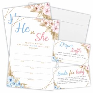 JCVUK Set of 25 Baby Shower Invitations with Envelopes, BOHO Diaper Raffle Tickets and Baby Shower Book Request Cards, Pampas Grass Bohemian Theme Gender Reveal Party For Boys or Girls(YQKTZ-A02)