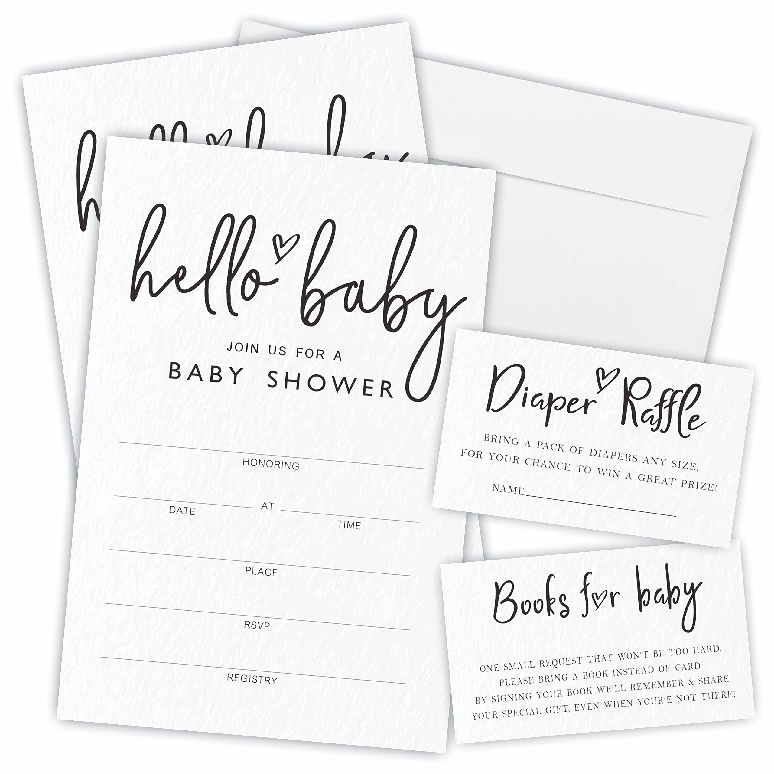 JCVUK Set of 25 Baby Shower Invitations with Envelopes, Diaper Raffle Tickets and Baby Shower Book Request Cards, Hello Baby, Modern Minimalist Theme Gender Reveal Party For Boys or Girls(YQKTZ-A09)