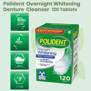 Polident Overnight Whitening Denture Cleaner Tablets 120 Tablets Bundle with Dentu-Care Denture Case with Lid and Dentu-Care Denture Brush for Maintaining Good Clean Full/Partial Dentures