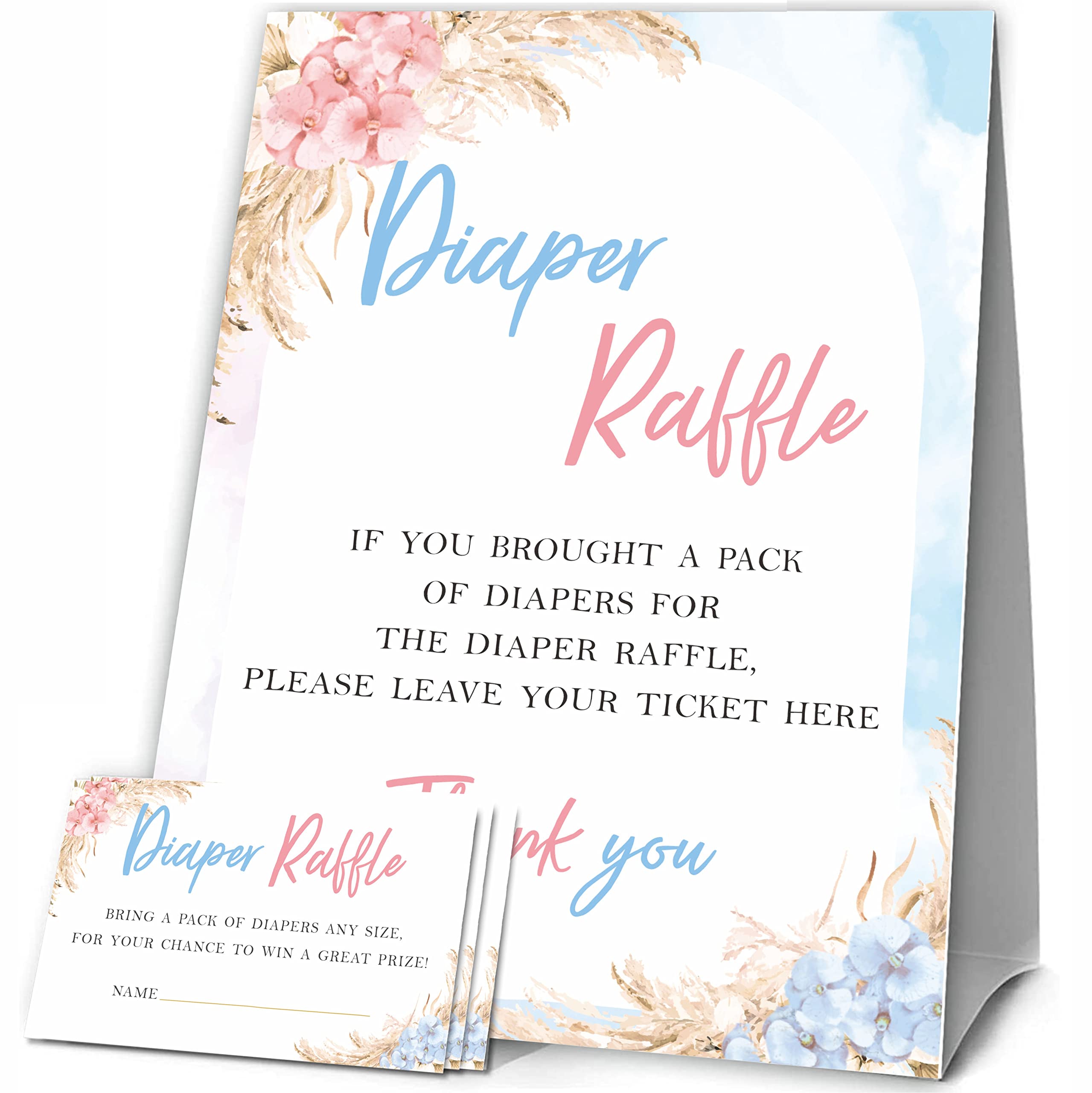 JCVUK BOHO Baby Shower Games, 1 Diaper Raffle Standing Sign with 50 Diaper Raffle Tickets, Pampas Grass Bohemian Theme Gender Reveal Party Decorations and Supplies For Boys or Girls(LBLK-A01)