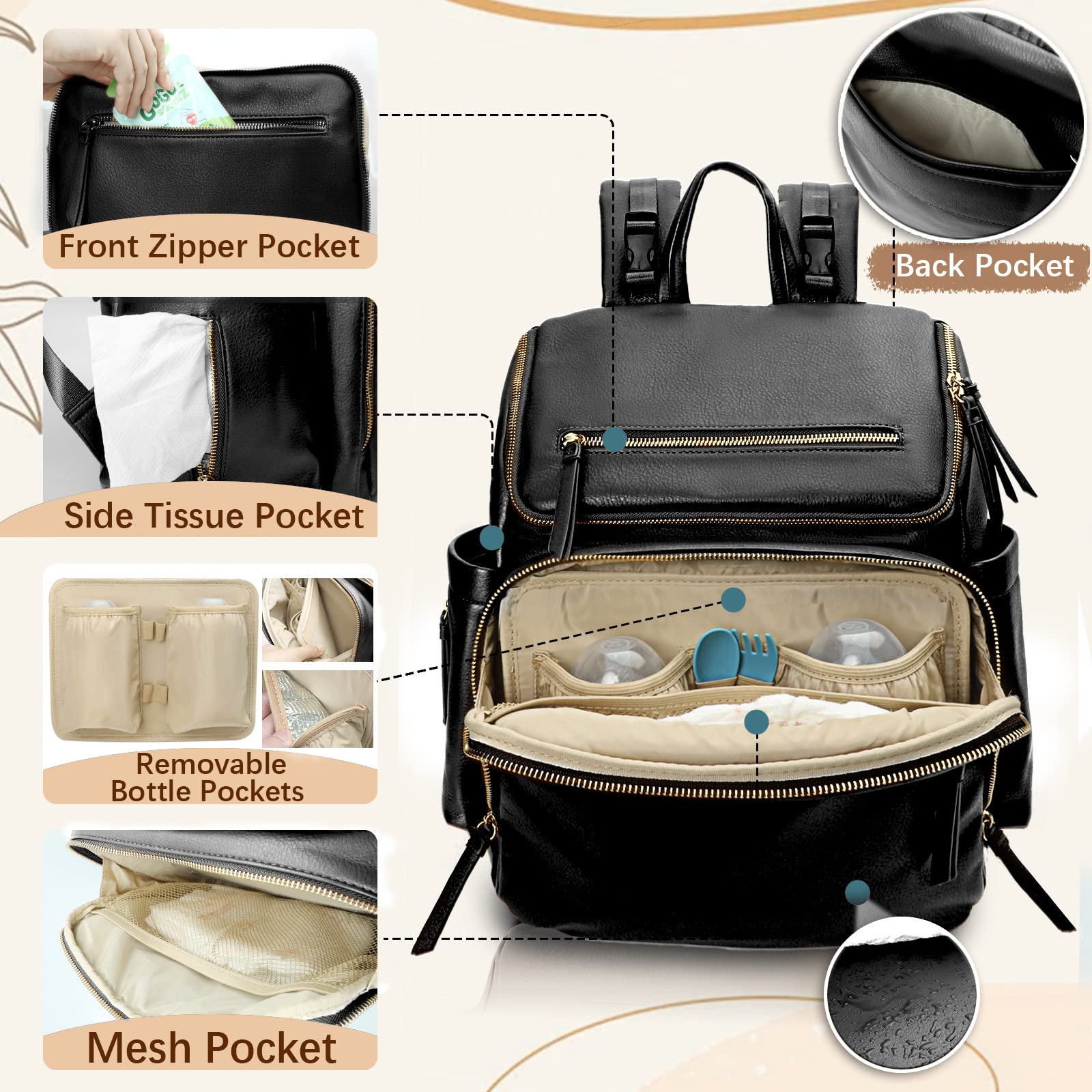 Omanmoli Diaper Bag Backpack Baby Diaper Bag Leather with 17 Diaper Bag Organizing Pouches,Changing Pad,Stroller Straps,4 Insulated Pockets,Black