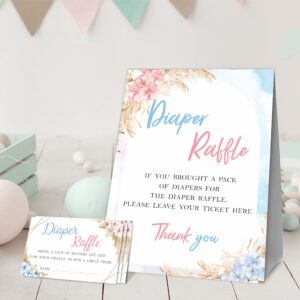 JCVUK BOHO Baby Shower Games, 1 Diaper Raffle Standing Sign with 50 Diaper Raffle Tickets, Pampas Grass Bohemian Theme Gender Reveal Party Decorations and Supplies For Boys or Girls(LBLK-A01)