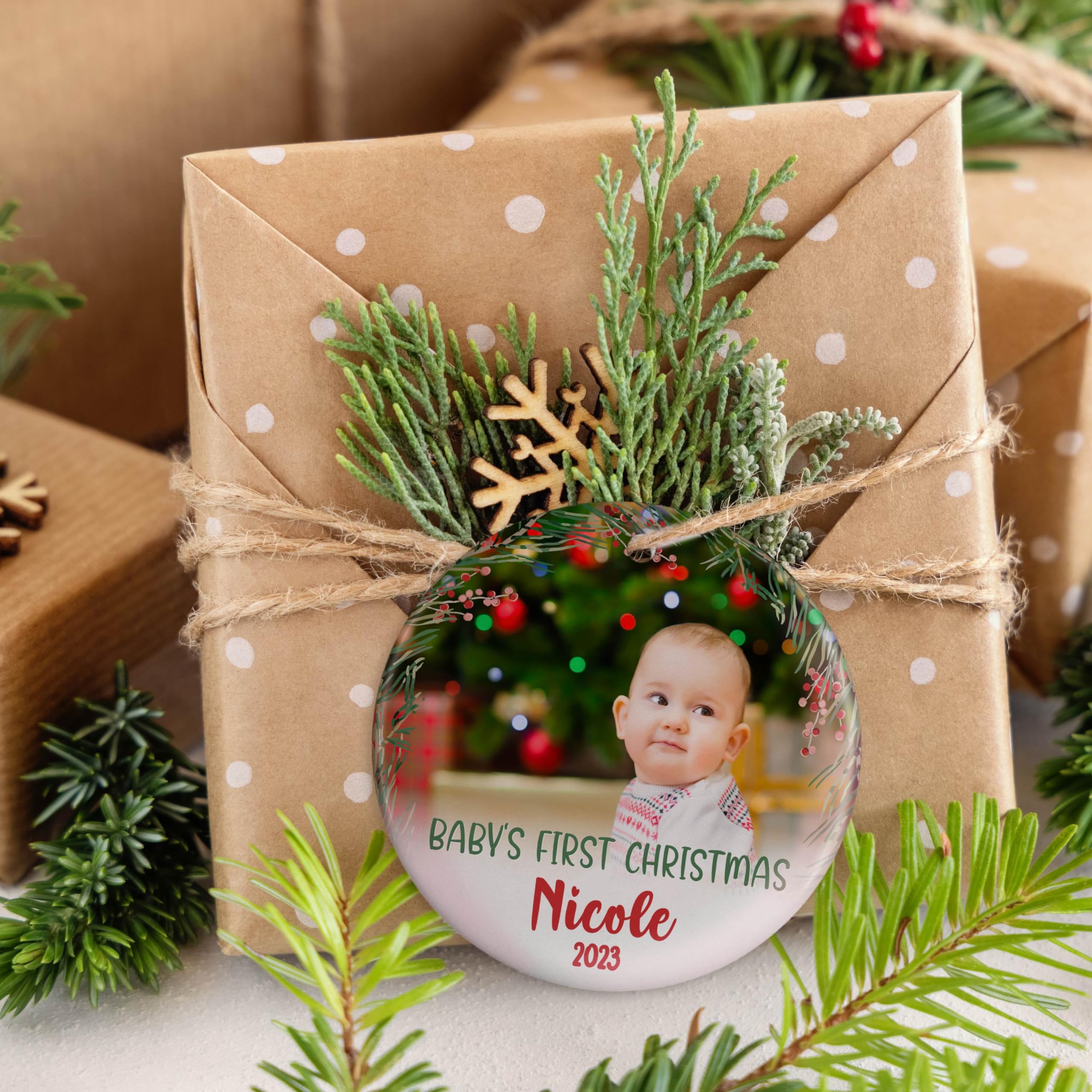 Custom Baby First Christmas Ornament 2023 with Babys Photo & Name - 10 Fonts - 3" First Christmas Ornament for Baby Boy, Girl - New Baby Gift - Babies 1st Christmas