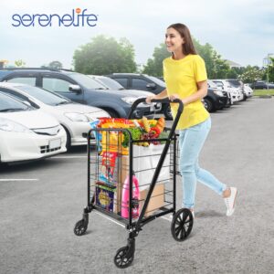 SereneLife Folding Grocery Utility Shopping Supermarket Cart with 360 Rolling Swivel Wheels, Double Basket, Large Capacity 110 lbs, Portable, Collapsible Compact Folding, for Grocery Laundry, Luggage