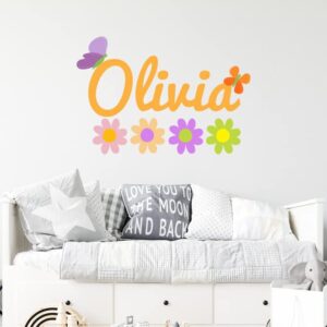 Custom Name Flowers Wall Decal - Personalized Name Butterfly Decor - Daisy Wall Decal Peel and Stick - Pastel Flowers - Girls Flowers Wall Stickers - Wall Decal for Home Nursery Bedroom Decoration