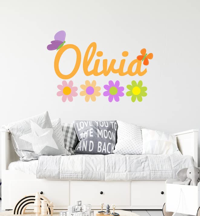 Custom Name Flowers Wall Decal - Personalized Name Butterfly Decor - Daisy Wall Decal Peel and Stick - Pastel Flowers - Girls Flowers Wall Stickers - Wall Decal for Home Nursery Bedroom Decoration