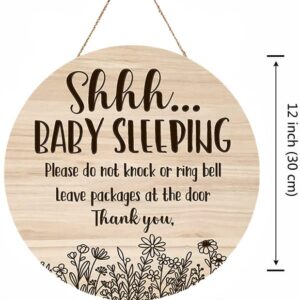 Shhh... Baby Sleeping Hanging Sign Plaque, Do Not Knock Or Ring The Bell, Round Sturdy Wooden Door Hanger for Baby Room, Nursery, Kindergarten, Bedroom, Door Knob Decor 12In