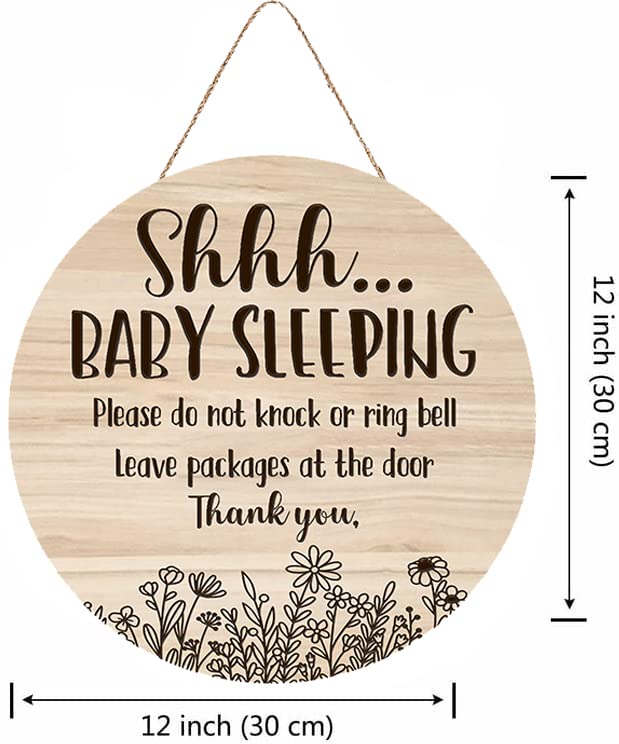 Shhh... Baby Sleeping Hanging Sign Plaque, Do Not Knock Or Ring The Bell, Round Sturdy Wooden Door Hanger for Baby Room, Nursery, Kindergarten, Bedroom, Door Knob Decor 12In