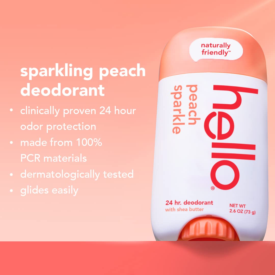 Hello Peach Aluminum Free Deodorant for Women + Men, Natural Fragrance, Dermatologically tested, Baking Soda Free, Parabens Free, Dye Free, 24 Hour Odor Protection, (Pack of 2)