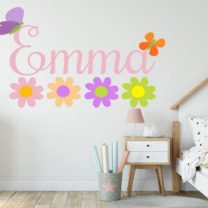 Custom Name Flowers Wall Decal - Personalized Name Butterfly Decor - Daisy Wall Decal Peel and Stick - Pastel Flowers - Girls Flowers Wall Stickers - Wall Decal for Home Nursery Bedroom Decoration