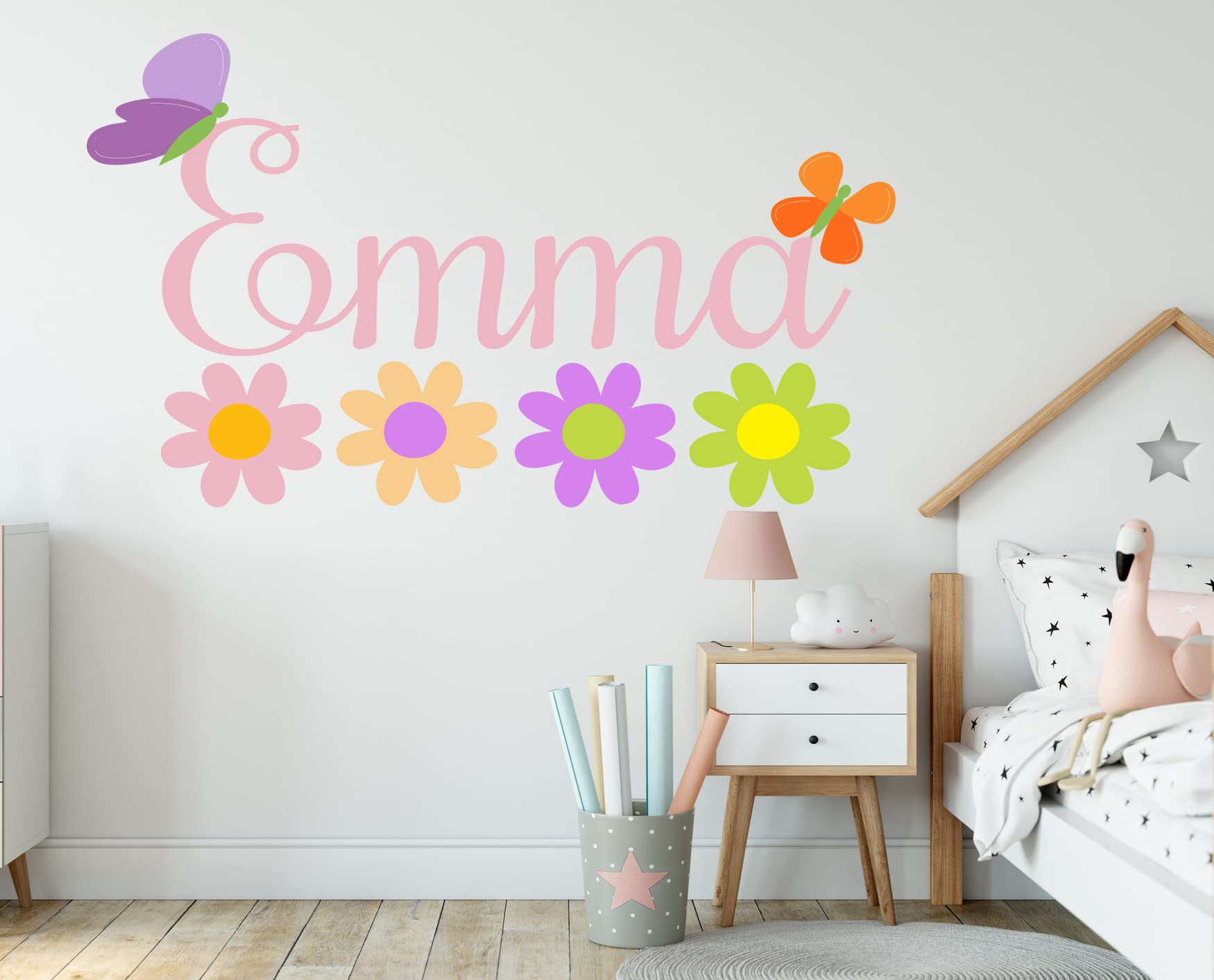 Custom Name Flowers Wall Decal - Personalized Name Butterfly Decor - Daisy Wall Decal Peel and Stick - Pastel Flowers - Girls Flowers Wall Stickers - Wall Decal for Home Nursery Bedroom Decoration