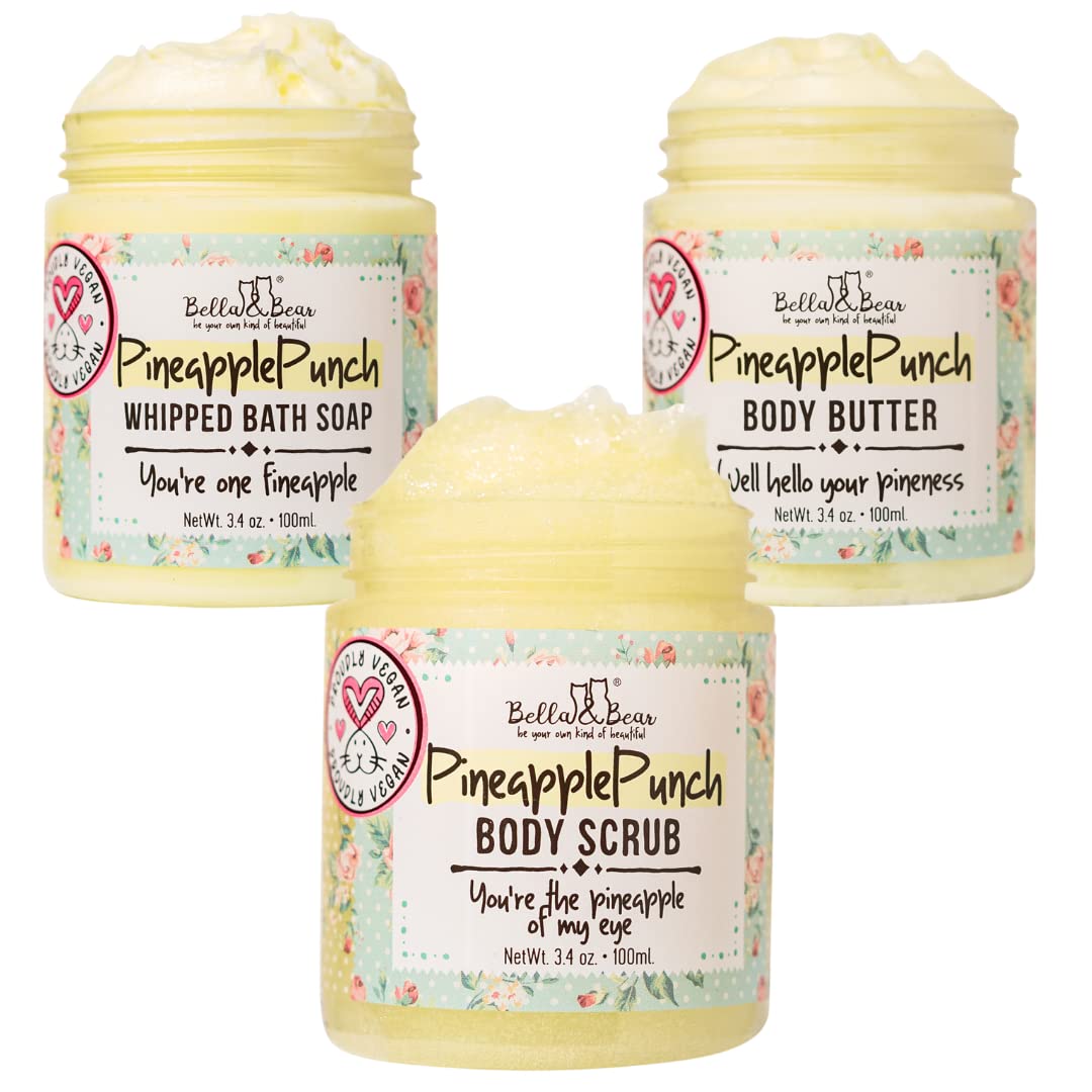 Bella & Bear Mini Travel Size Pineapple Bundle, Body Scrub, Whipped Bath Soap & Body Butter