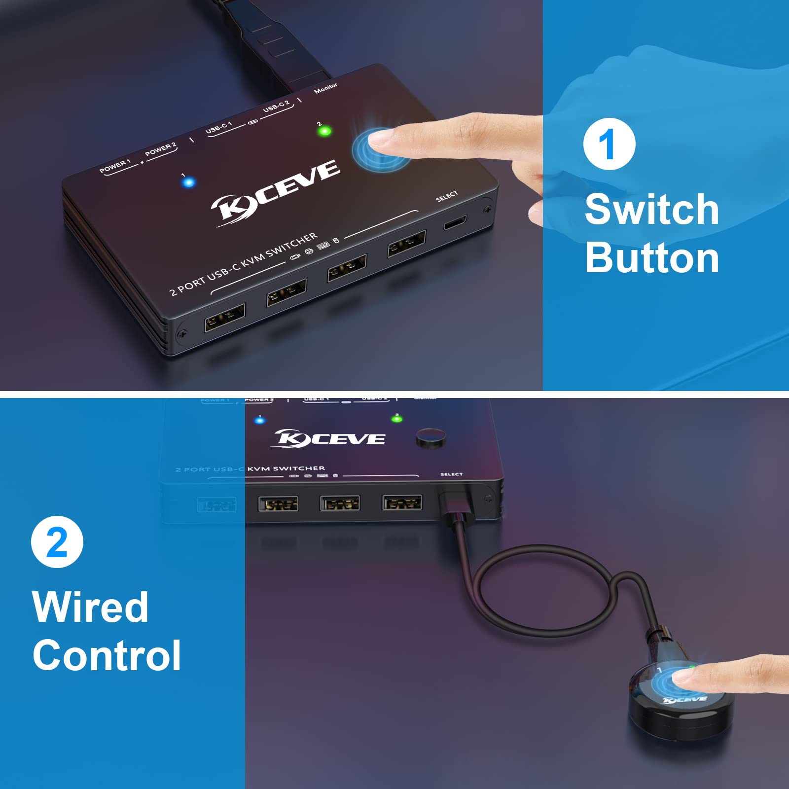 USB Type-C KVM Switch 4K@60Hz, 2 Computers Share 1 Monitor and 4 USB Devices, Compatible with Thunderbolt 3, with 87 W Power Delivery Option, Support HDMI+USB+Type-C 3.1 Input