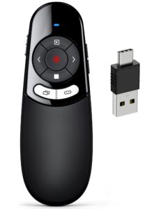 dinostrike 2 in 1 type c and usb presentation clicker for powerpoint presentations,rf 2.4ghz wireless presenter remote slide advancer with volume control for mac laptop computer office classroom