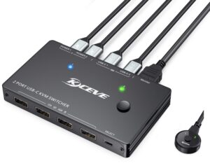 usb type-c kvm switch 4k@60hz, 2 computers share 1 monitor and 4 usb devices, compatible with thunderbolt 3, with 87 w power delivery option, support hdmi+usb+type-c 3.1 input