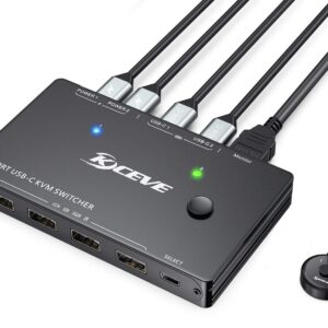 USB Type-C KVM Switch 4K@60Hz, 2 Computers Share 1 Monitor and 4 USB Devices, Compatible with Thunderbolt 3, with 87 W Power Delivery Option, Support HDMI+USB+Type-C 3.1 Input