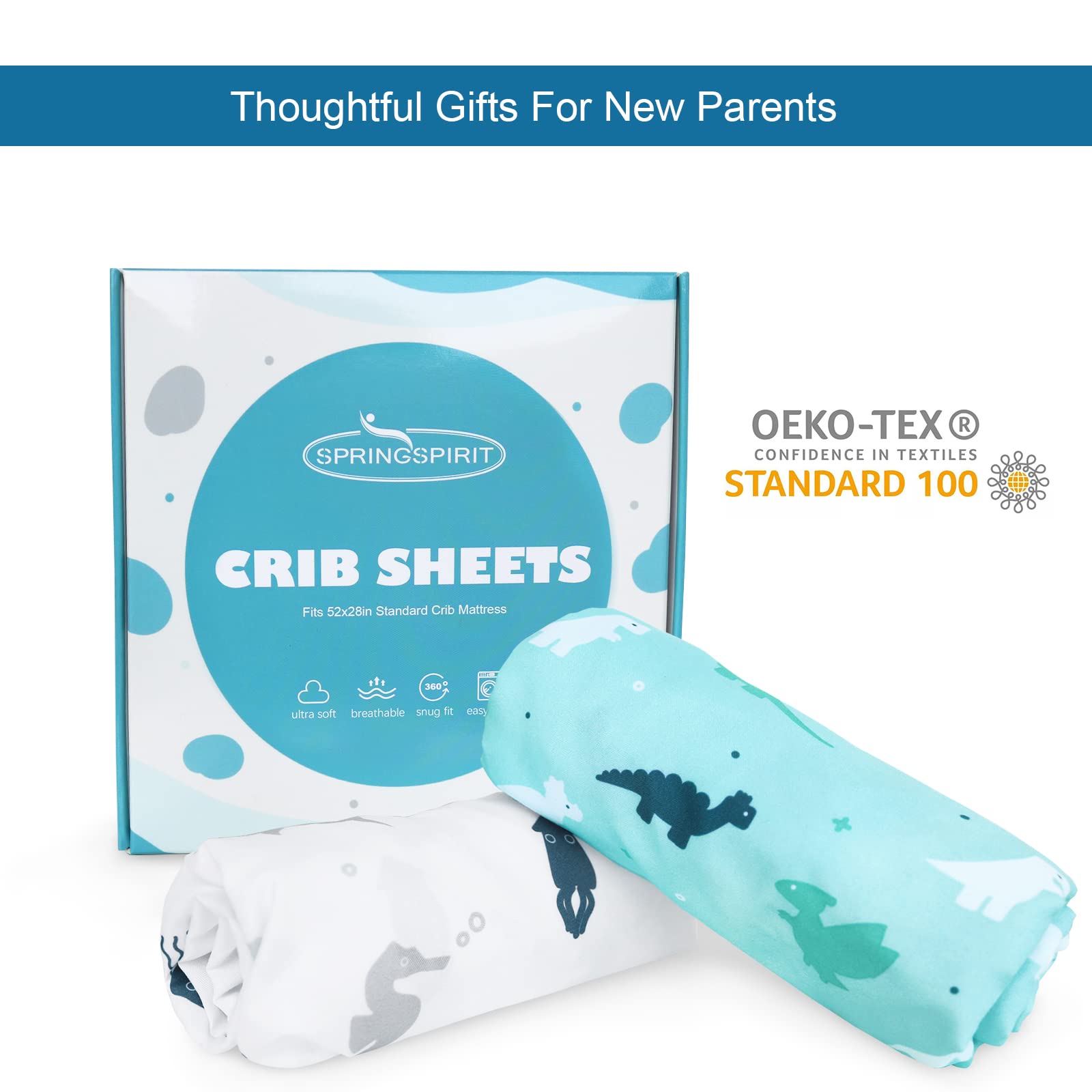 Crib Sheets for Boys or Girls 2-Pack, Fitted Sheet 52'' x 28'' Standard & Toddler Mattres, Soft and Breathable Material, Baby Neutral, Dinosaurs Ocean