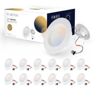 powerasia 12 pack 5/6 inch led can lights retrofit recessed lighting, 5cct 6 inch recessed lights selectable 2700k-6000k dimmable, 12w=75w, 1200lm downlight with metal smooth trim-etl and energy star