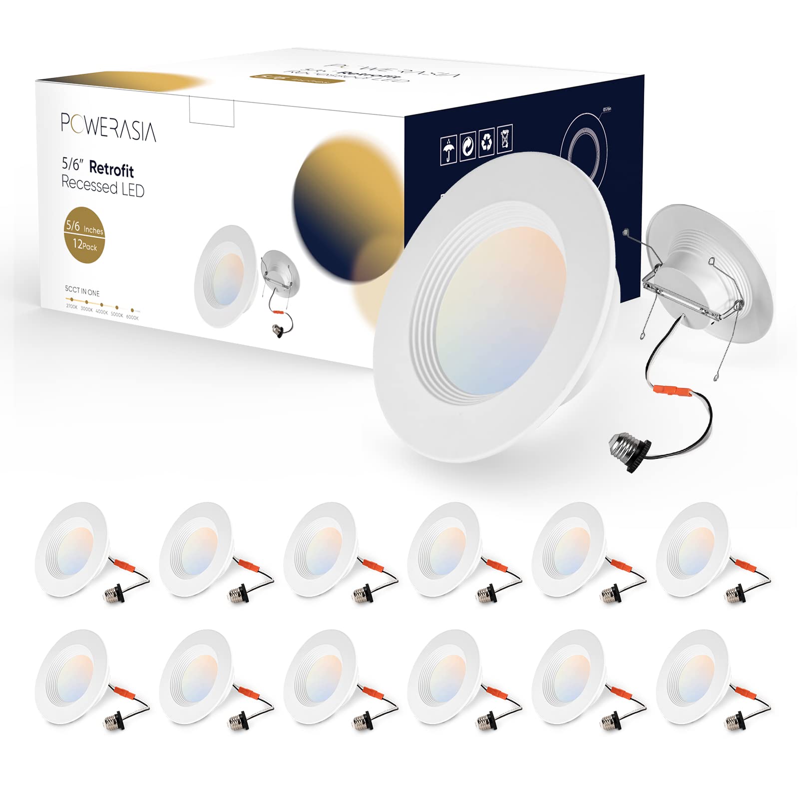 POWERASIA 12 Pack 5/6 Inch LED Can Lights Retrofit Recessed Lighting, 5CCT 6 Inch Recessed Lights Selectable 2700K-6000K Dimmable, 12W=75W, 1200LM Downlight with Metal Smooth Trim-ETL and Energy Star