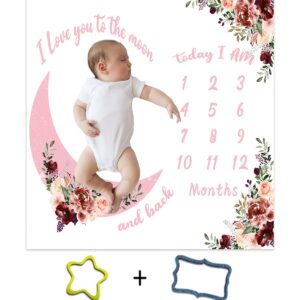 TERSUM Moon Flowers Baby Monthly Milestone Blanket, 48x48in I Love You to The Moon and Back Blanket Soft Flannel Newborn Gift,Gender Neutral Nursery Decor Baby Months Growth Chart Blanket BTZZTE34