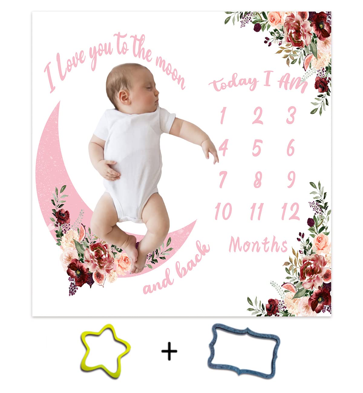 TERSUM Moon Flowers Baby Monthly Milestone Blanket, 48x48in I Love You to The Moon and Back Blanket Soft Flannel Newborn Gift,Gender Neutral Nursery Decor Baby Months Growth Chart Blanket BTZZTE34