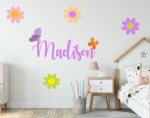 custom name flowers wall decal - personalized name butterfly decor - daisy wall decal peel and stick - pastel flowers - girls flowers wall stickers - wall decal for home nursery bedroom decoration