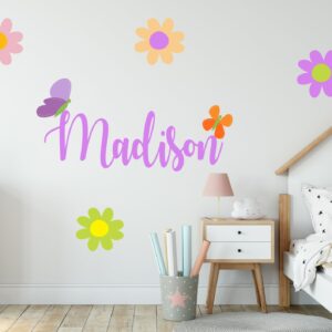 Custom Name Flowers Wall Decal - Personalized Name Butterfly Decor - Daisy Wall Decal Peel and Stick - Pastel Flowers - Girls Flowers Wall Stickers - Wall Decal for Home Nursery Bedroom Decoration